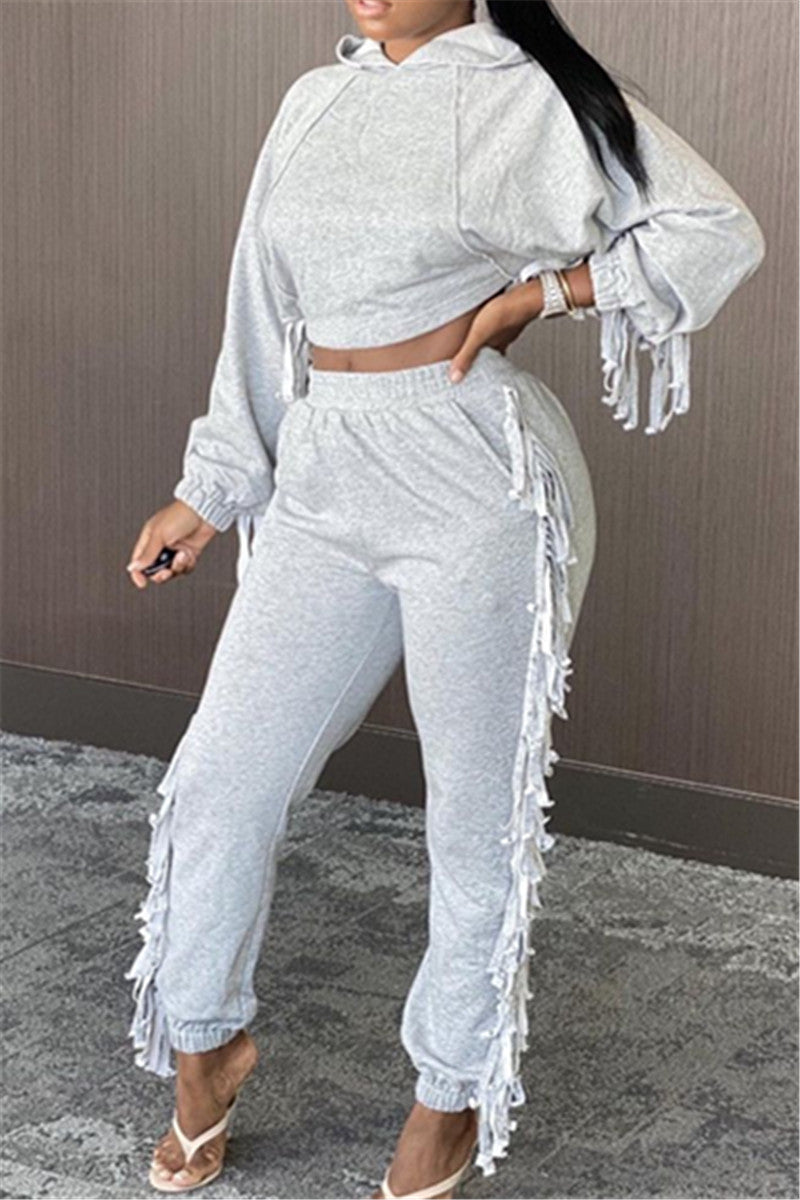 Casual Tassel Cropped Hoodie & Pocket Pants Set