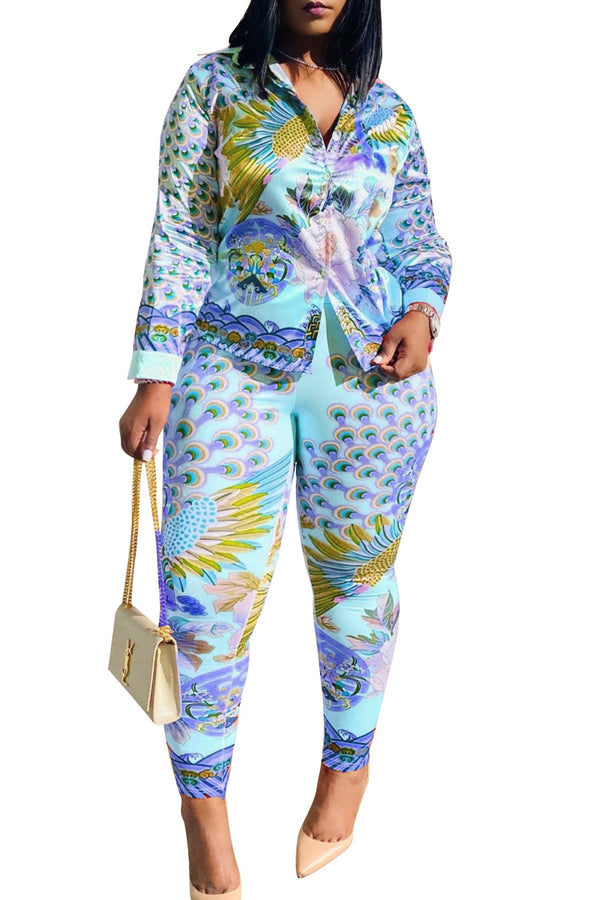 Peacock & Floral Print Long Sleeve Two PC Sets