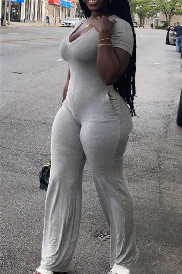 Plus Size S-5XL V-Neck Pocketed Casual Pants Jumpsuit