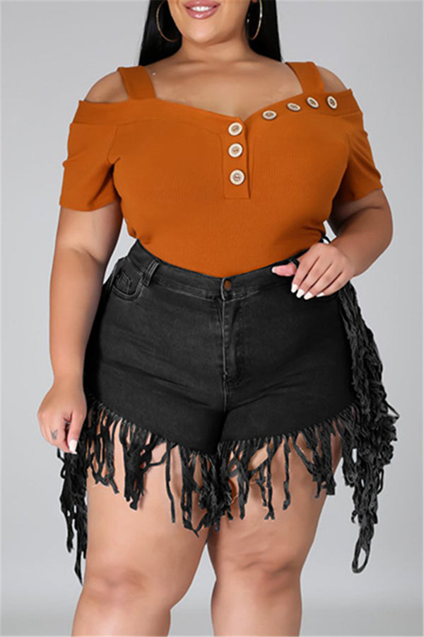 Plus Size L-4XL Tassle Splicing Denim Shorts