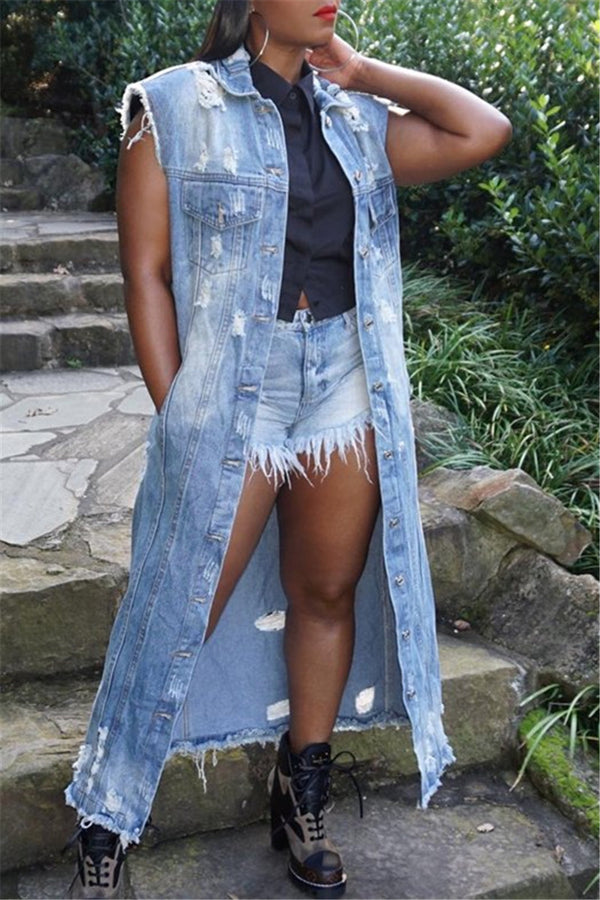 Buttoned Distressed Sleeveless Denim Coat