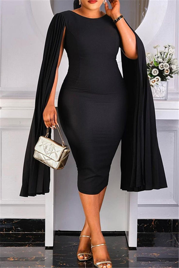 Round Neck Pleated Cloak Sleeve Slim-Fit Dress