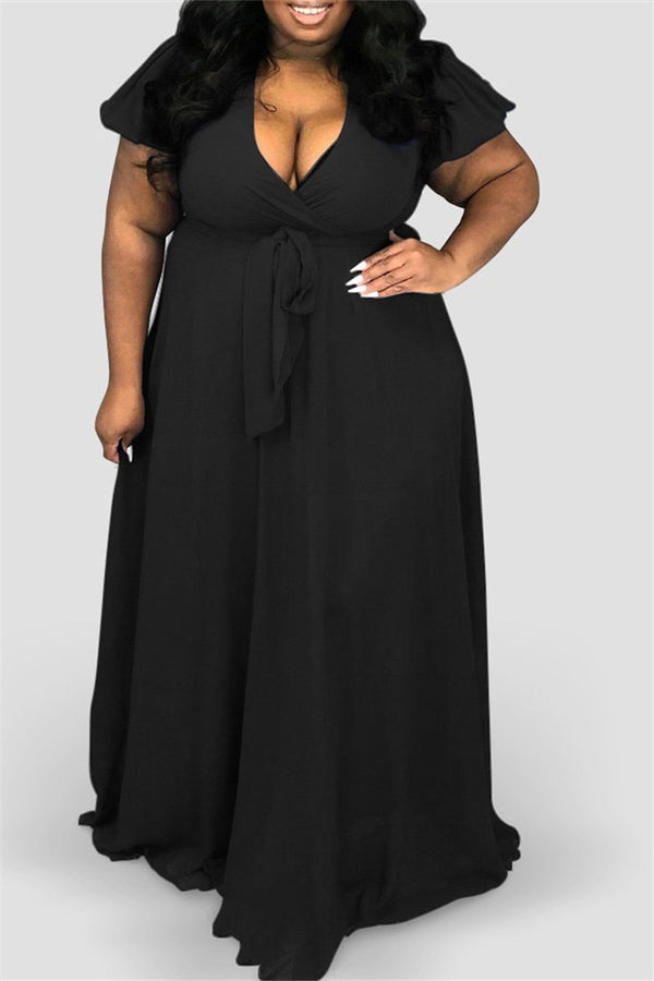 Plus Size L-4XL Chiffon Deep V Belted Maxi Dress