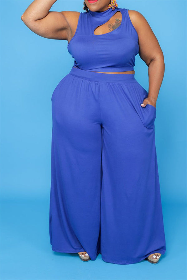Plus Size XL-5XL Hollow Out Top with Pocketed Wide Leg Pants Sets