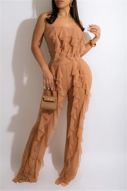 Mesh Ruffled Off Shoulder Tube Crop Top & Pants Set