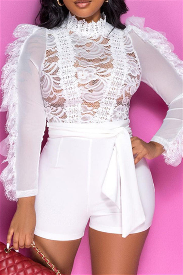 Sheer Lace Splicing Belted Romper