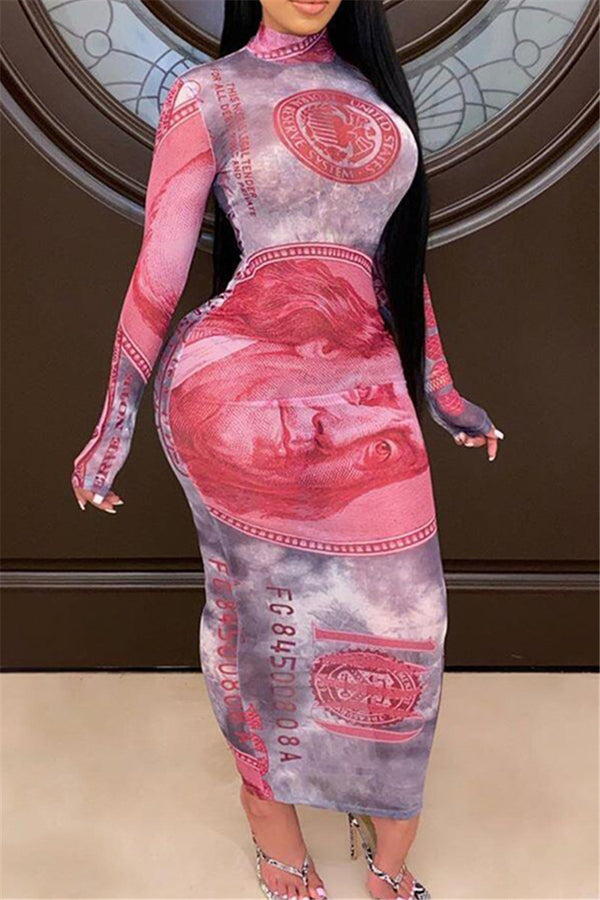 Dollars Printed Bodycon Net Yarn Maxi Dress