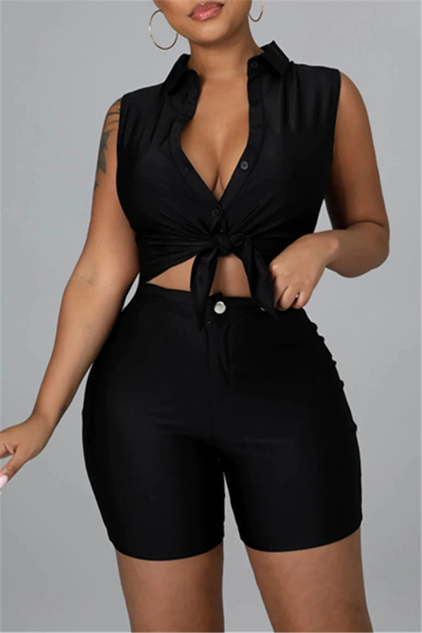 Buttoned Sleeveless Top & Tight Shorts Set