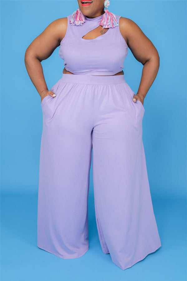 Plus Size XL-5XL Hollow Out Top with Pocketed Wide Leg Pants Sets