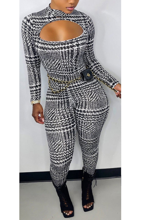 Cutout Houndstooth Bodycon Jumpsuit