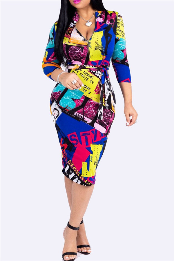 Digital Printed Belted Midi Dress - outyfit