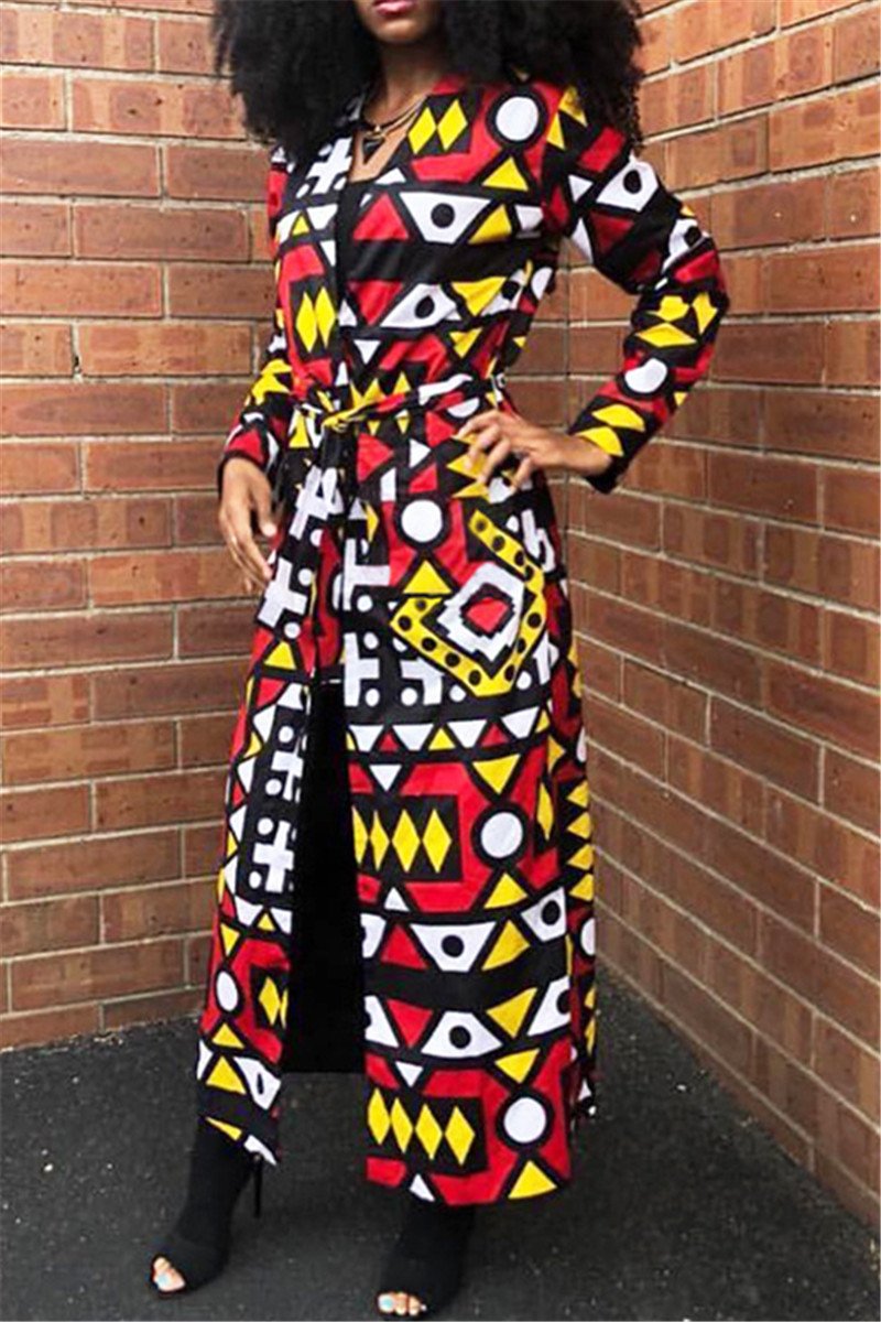 Printed Pocket Belted Maxi Coat