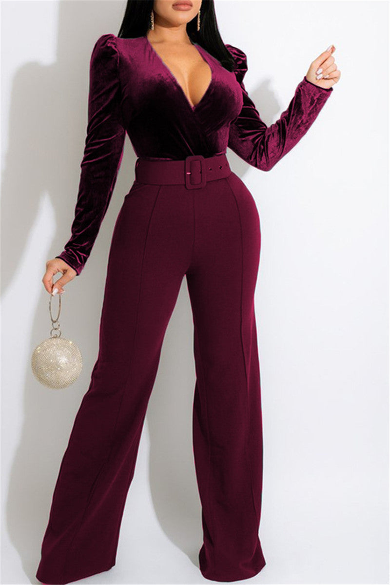 Velvet Splicing Belted V Neck Fashion Jumpsuit