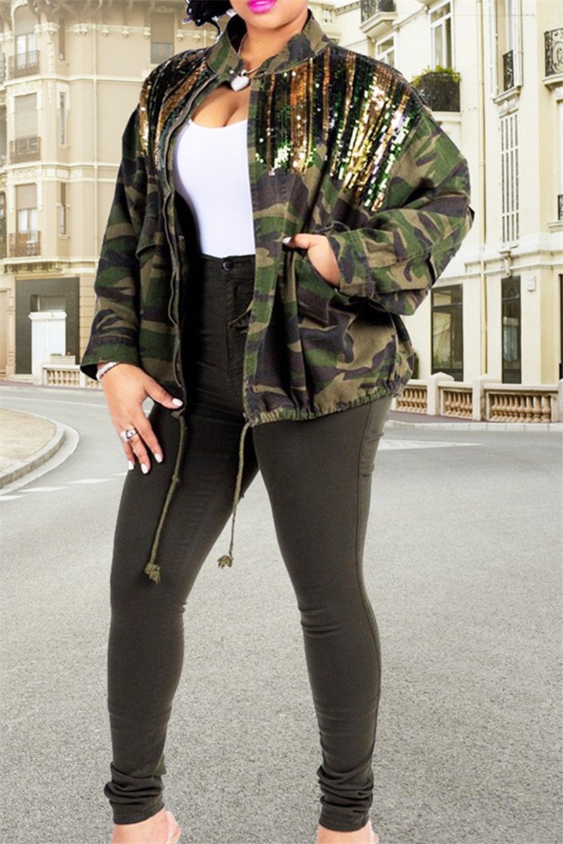 Camo Printed Sequin Smocked Outwear - outyfit