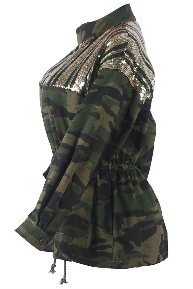 Camo Printed Sequin Smocked Outwear - outyfit