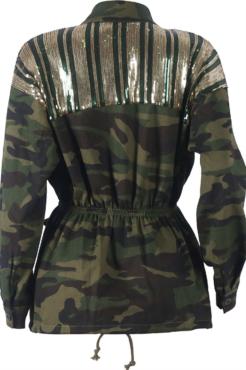 Camo Printed Sequin Smocked Outwear - outyfit