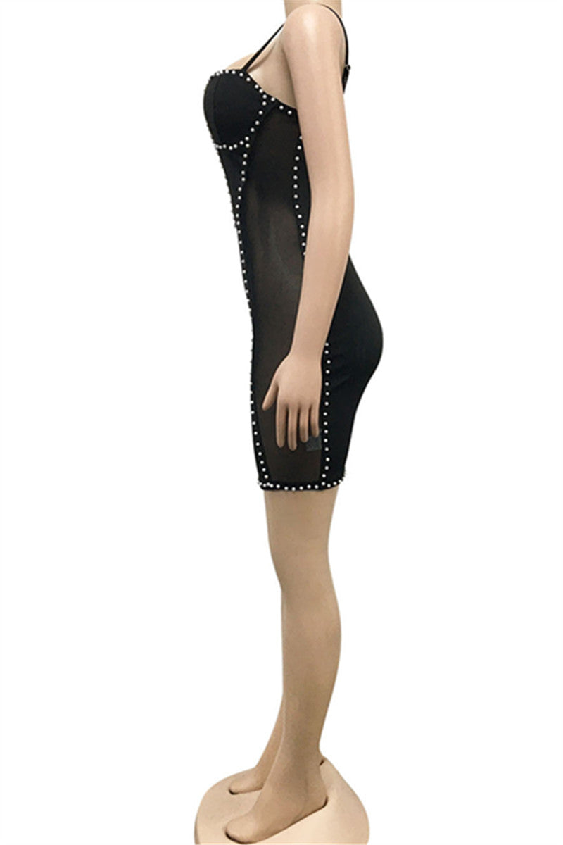 Pearl Studded Net Yarn Splicing Mini Dress