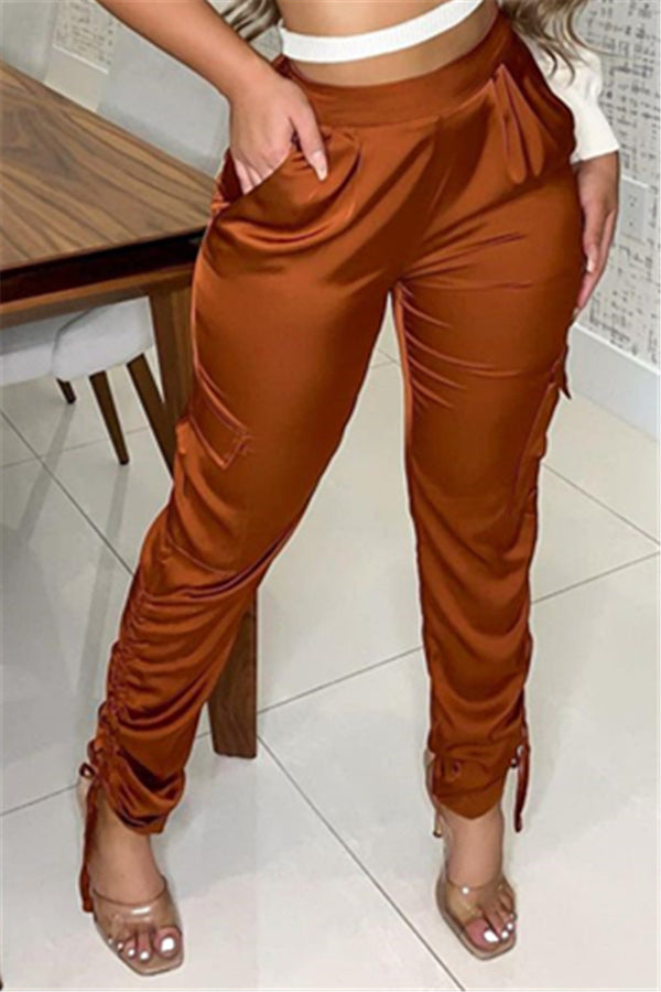 Silky Ruched Side Pocketed Long Pants