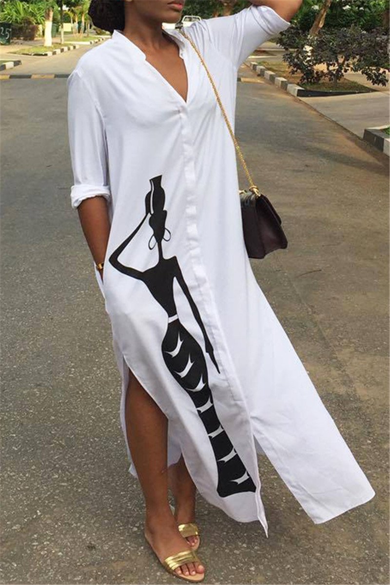 Printed Split Maxi Shirt Dress