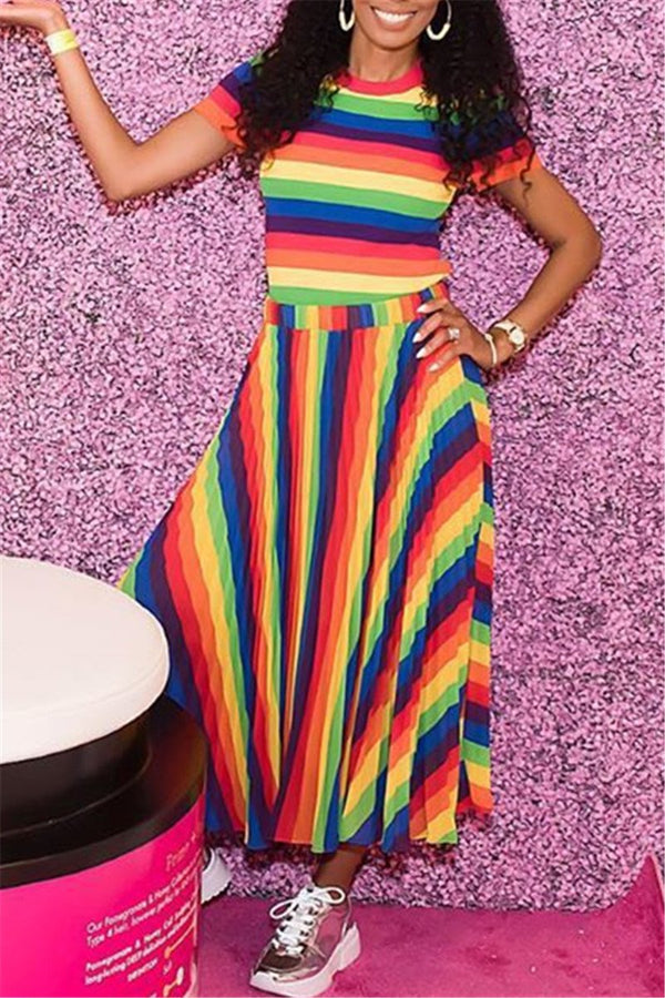 Rainbow Striped Top& Skirt Sets
