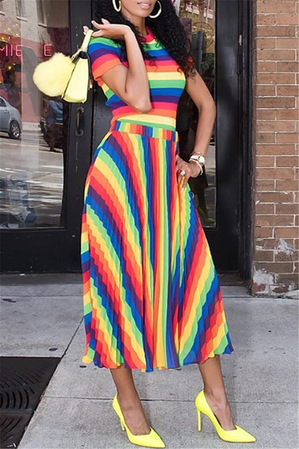 Rainbow Striped Top& Skirt Sets