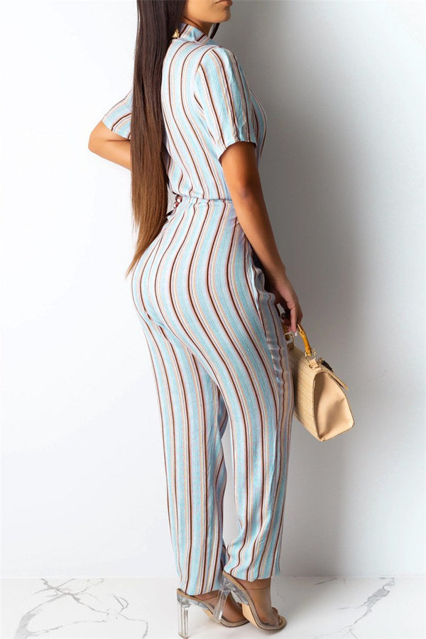 Casual Stripe Jumpsuit With Belt - outyfit