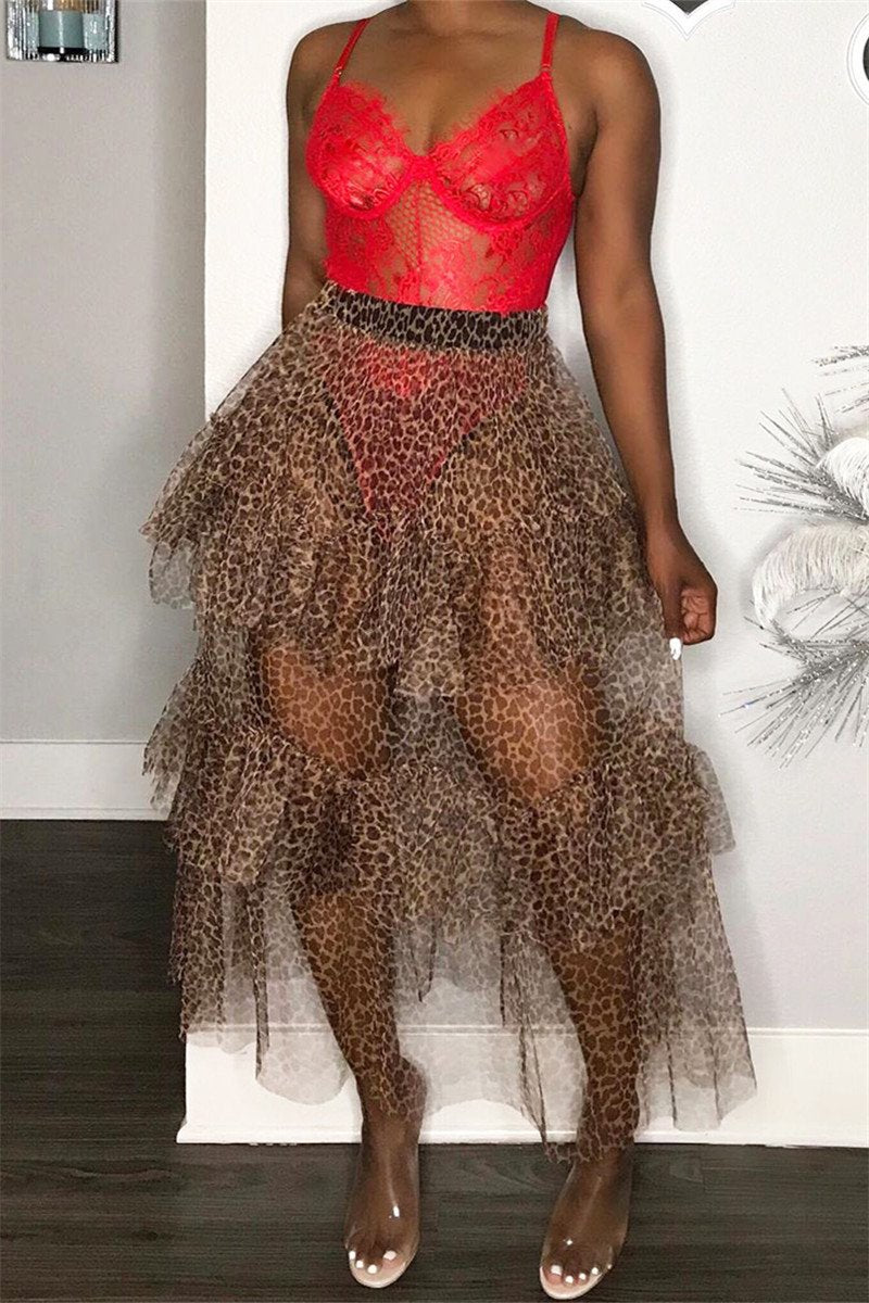 Leopard Printed Net Yarn Sheer Skirt