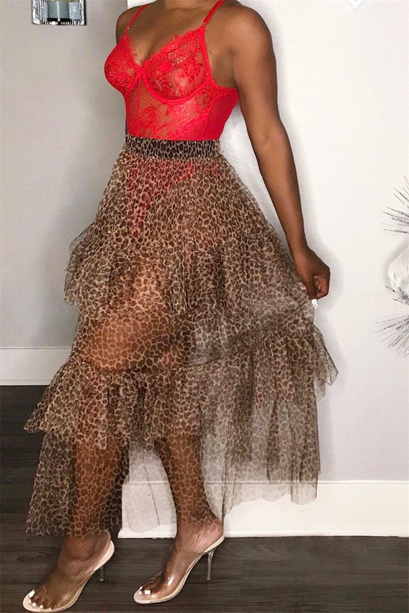 Leopard Printed Net Yarn Sheer Skirt