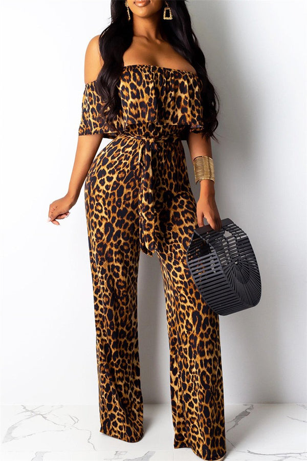 Off Shoulder Leopard Printed Jumpsuit