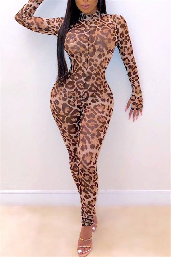 Leopard Printed Net Yarn Sheer Jumpsuit