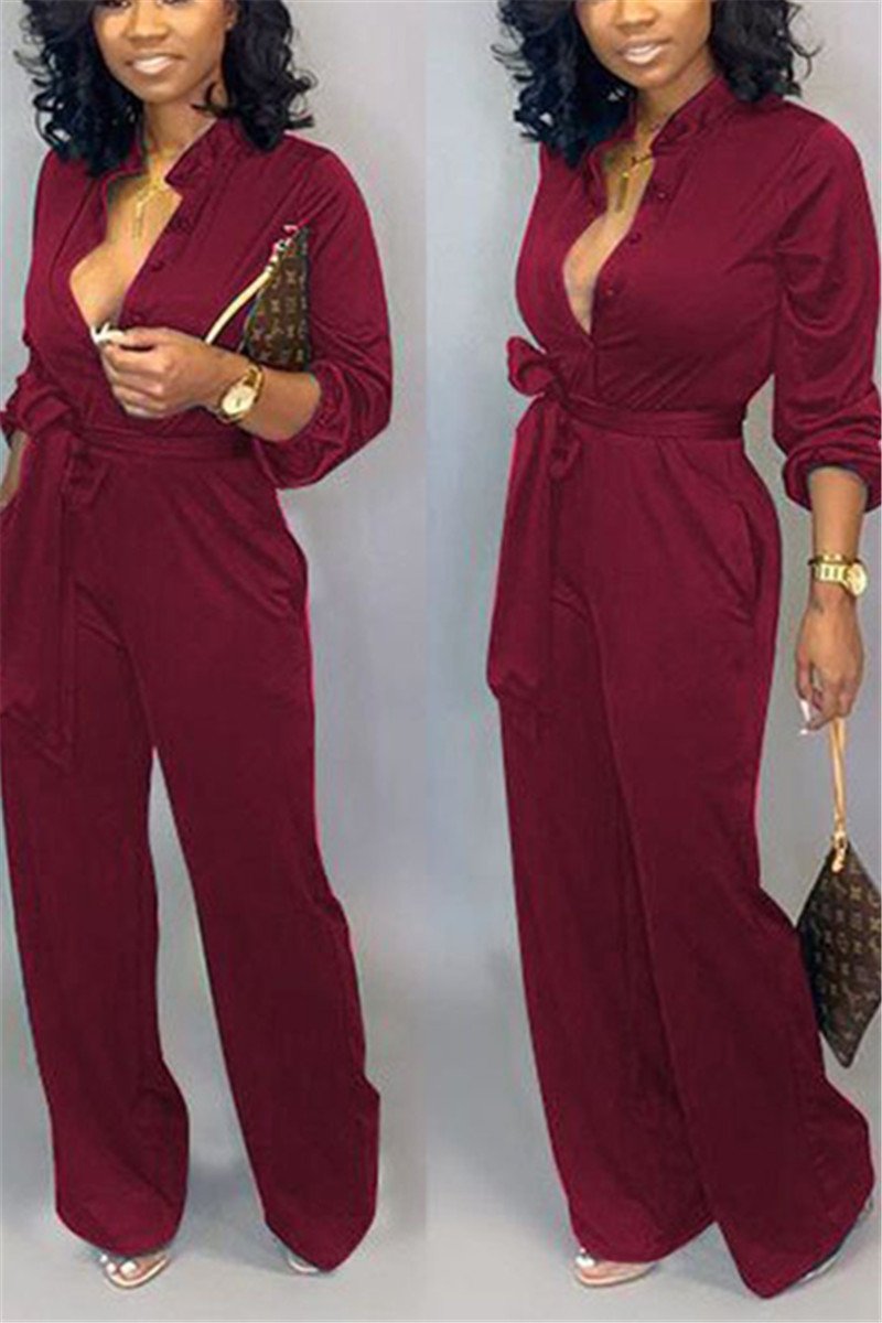 Casual Solid Color Jumpsuit With Belt - outyfit