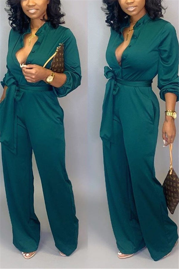 Casual Solid Color Jumpsuit With Belt - outyfit