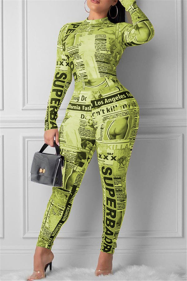 Newspaper Printed Zipper Jumpsuit