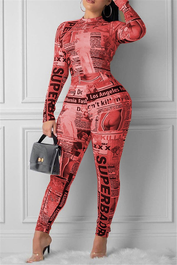 Newspaper Printed Zipper Jumpsuit