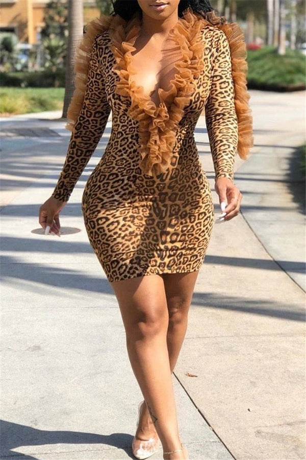 Ruffle Splicing Leopard Splicing Dress