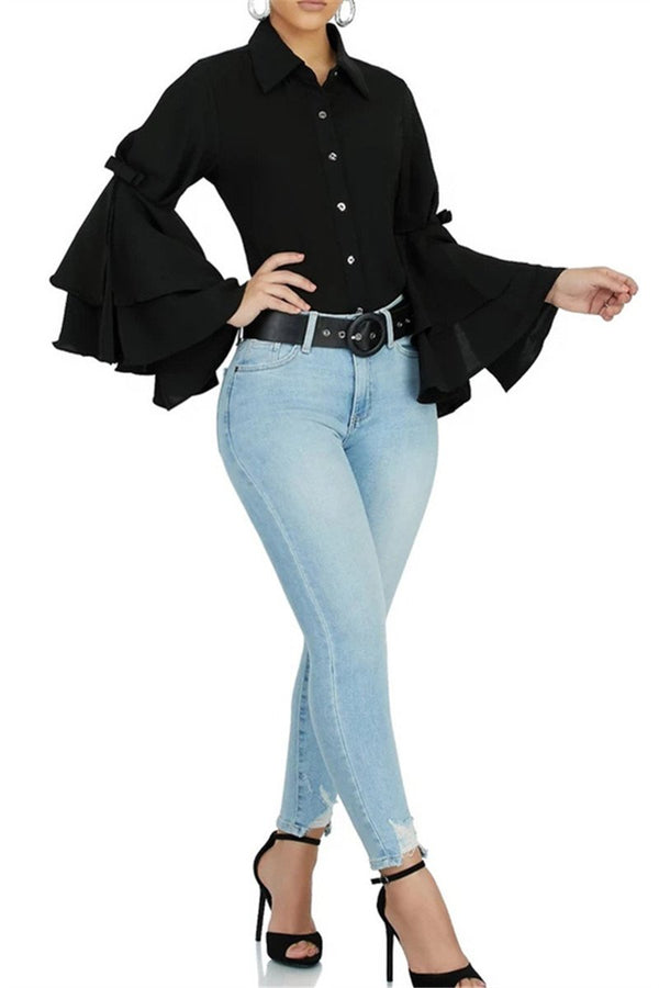 Solid Color Flounce Sleeve Shirt