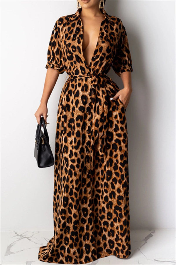 Leopard Printed Shirt Dress With Belt