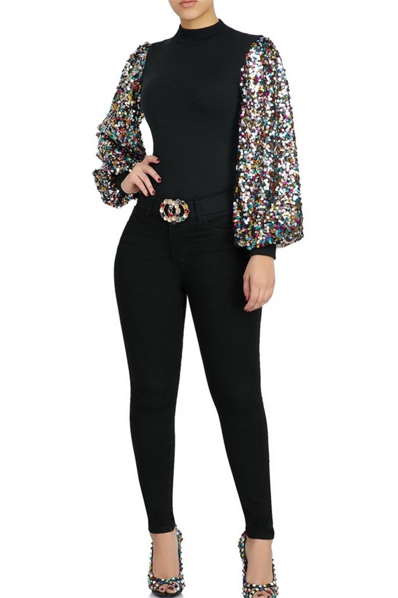 Sequin Splicing Lantern Sleeve Top