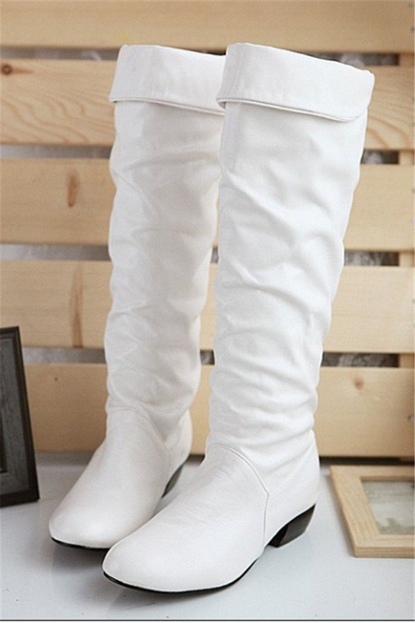 Solid Color Ruched Leather Boots