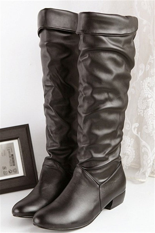 Solid Color Ruched Leather Boots