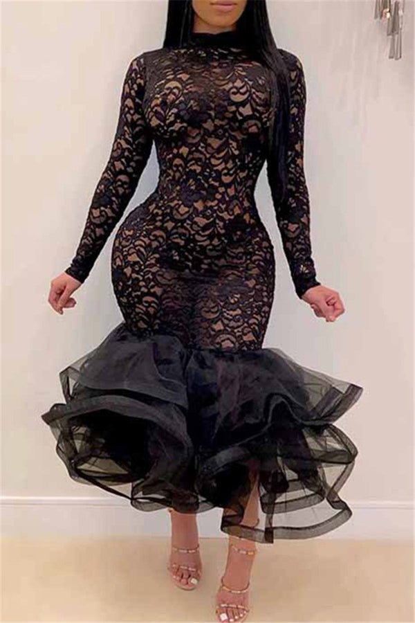 Lace Net Yarn Flounce Splicing Dress