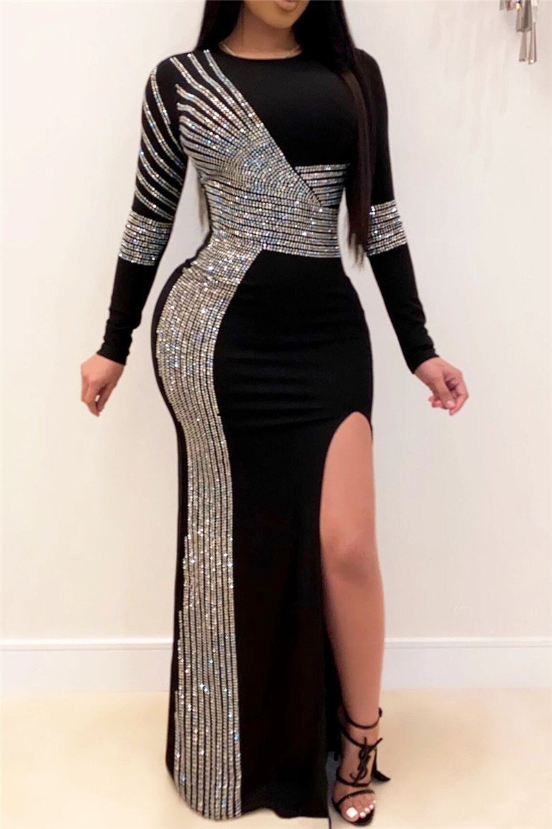 Rhinestone Split Maxi Dress