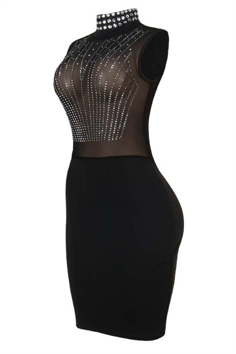 High Collar Rhinestone Party Dress