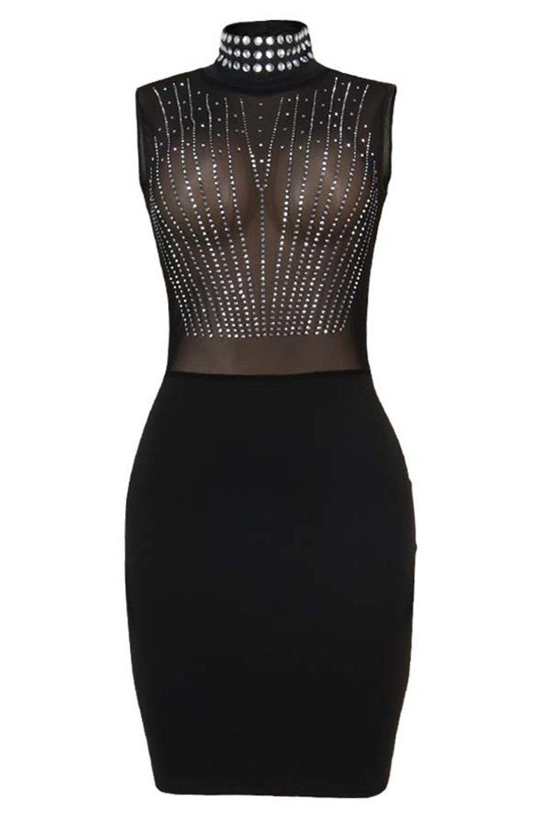 High Collar Rhinestone Party Dress