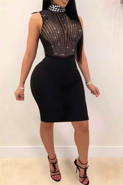 High Collar Rhinestone Party Dress