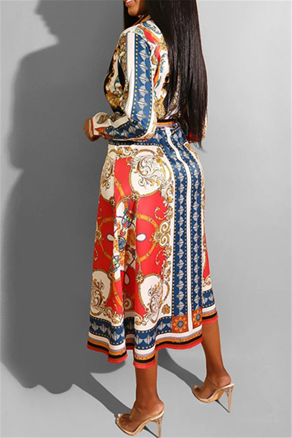 Casual Printed Shirt Dress With Belt