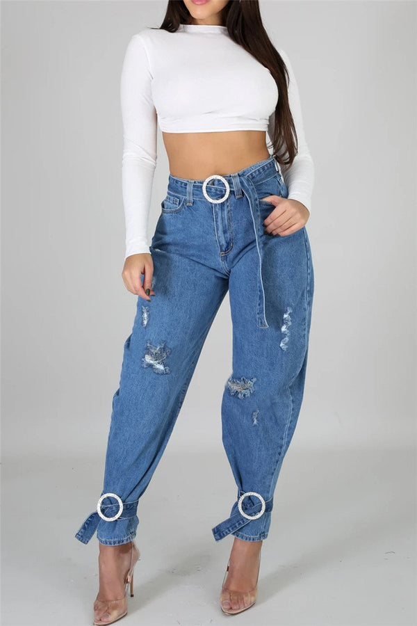 Bandage Legs Denim Pants With Belt