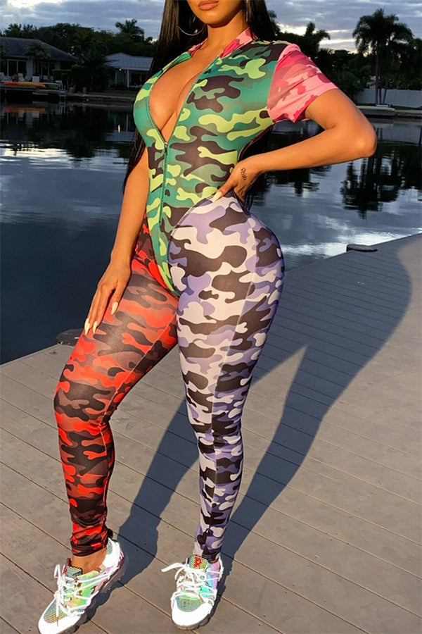 Color Splicing Camo Printed Jumpsuit