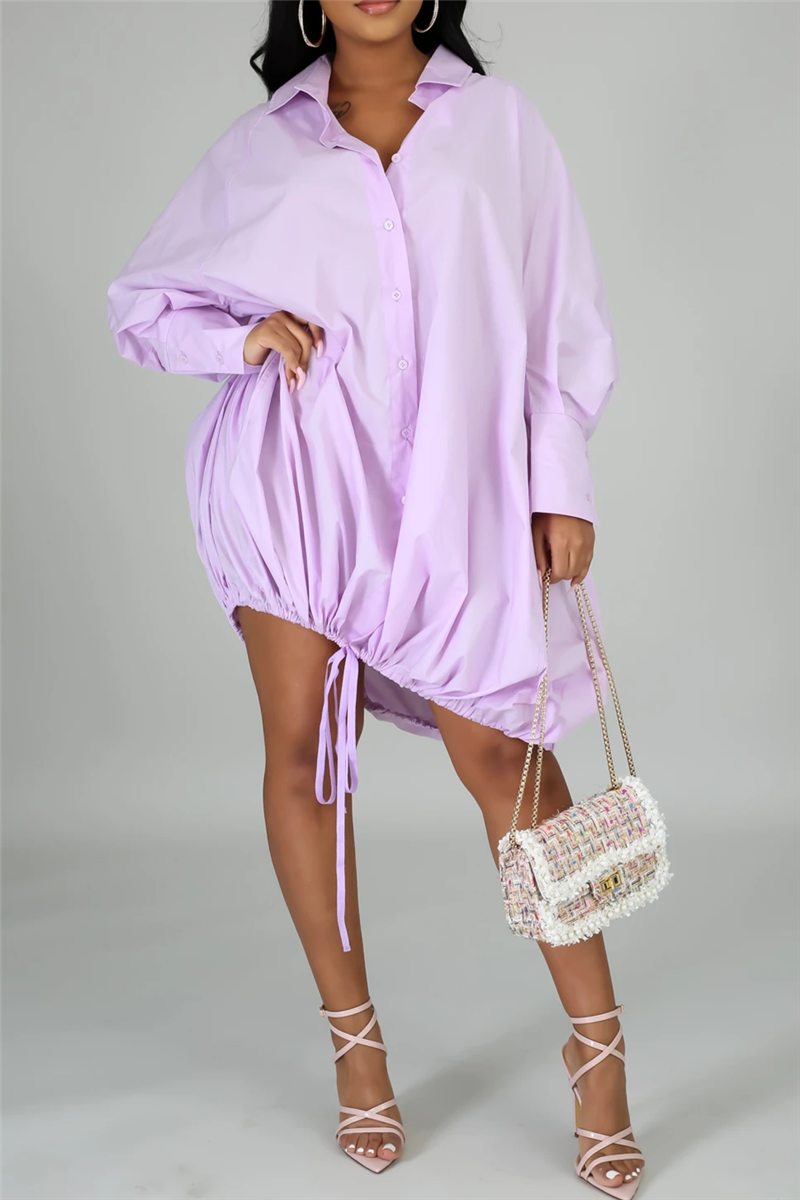 Solid Color Drawstring Shirt Dress