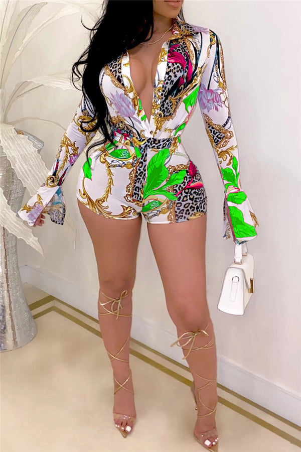 Trumpet Sleeve Printed Romper